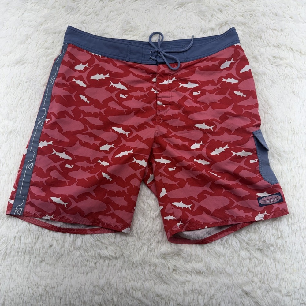 Vineyard Vines Board Shorts Mens 36 Red Shark Fish Print Swim Trunks Cargo